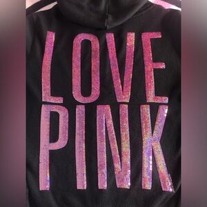 2012 Rare PINK Victoria's Secret Black Hoodie with Pink Sequin Lettering